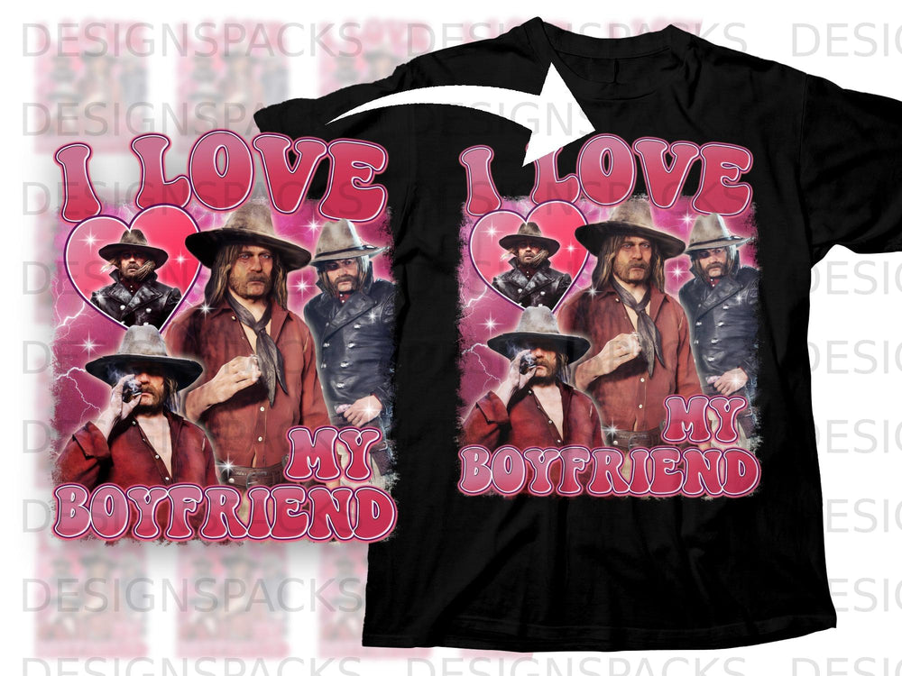 Black t-shirt featuring "I Love My Boyfriend" text with distressed vintage graphics.