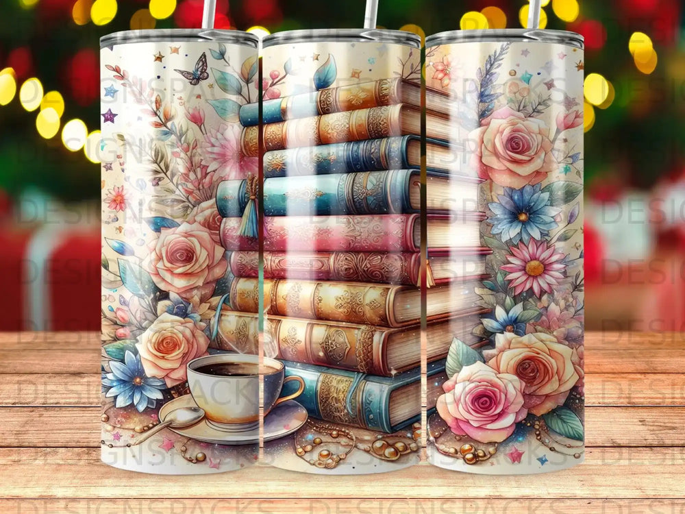 Stack of vintage books with coffee cup and floral accents.