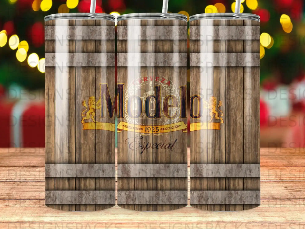 Modelo Especial beer logo on a wooden barrel texture tumbler.