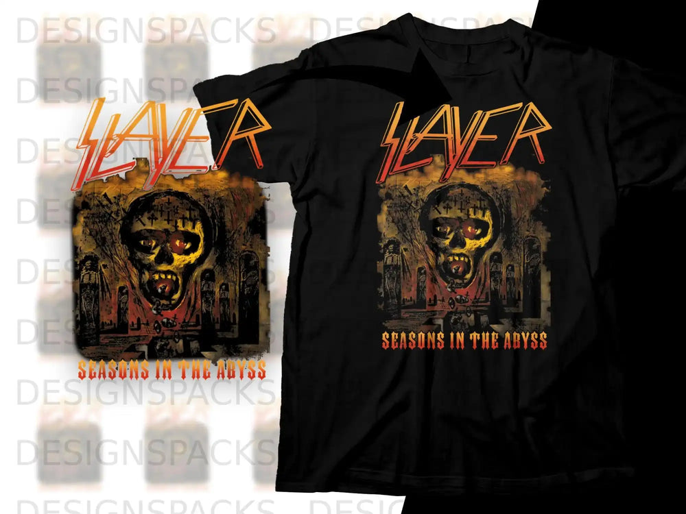 Slayer Seasons in the Abyss t-shirt with skull and fiery artwork.