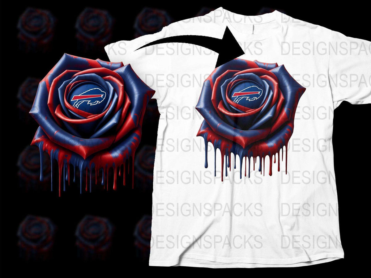 Buffalo Bills Inspired Dripping Rose Graphic T-Shirt, Red and Blue, Sports Team Fan Apparel