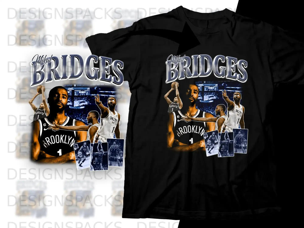 Brooklyn Nets player Mikal Bridges graphic tee, basketball players on court.