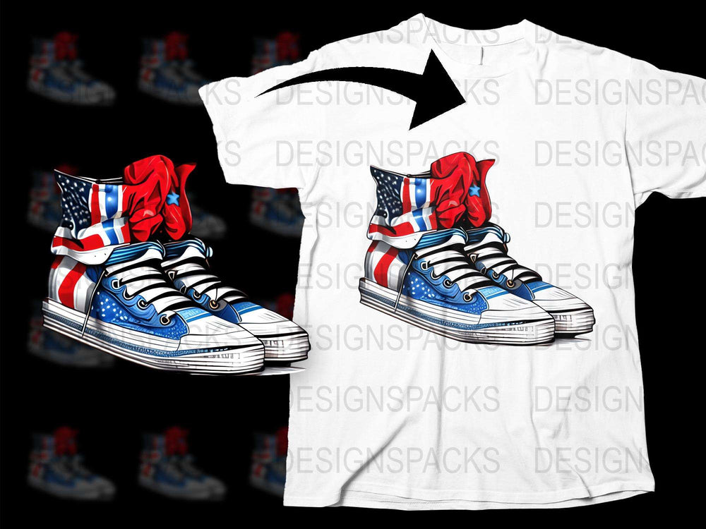 American Flag Sneakers Graphic T-Shirt, Patriotic Red Hair Woman Design, Casual Streetwear, Unisex Fashion Tee