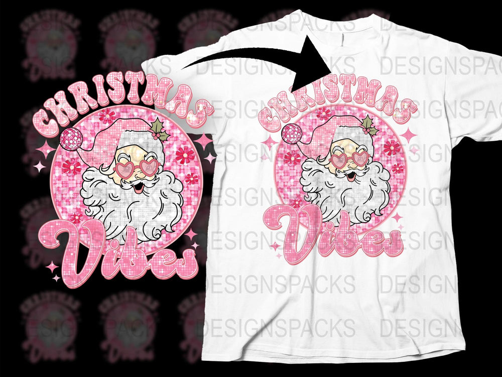 Christmas Vibes Santa Claus T-Shirt, Festive Holiday Graphic Tee, Pink Glitter Santa Design, Unisex Xmas Apparel