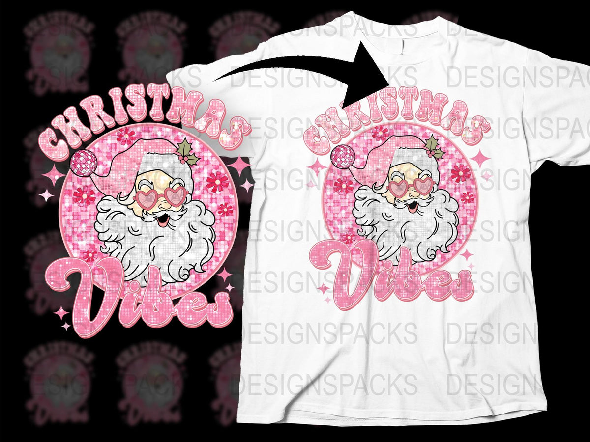 Christmas Vibes Santa Claus T-Shirt, Festive Holiday Graphic Tee, Pink Glitter Santa Design, Unisex Xmas Apparel