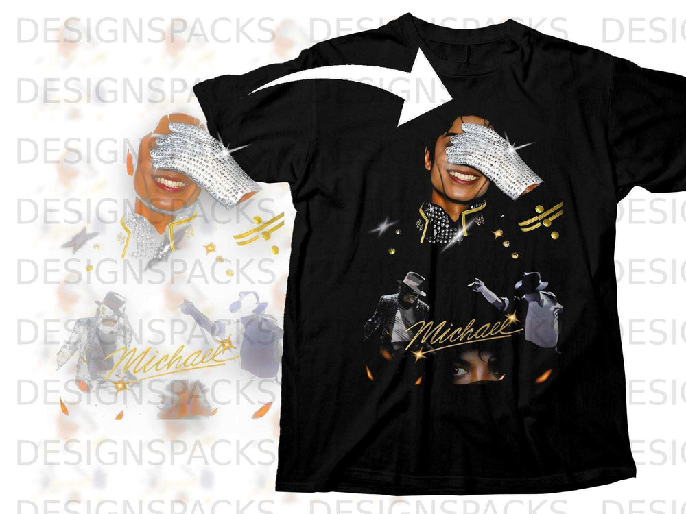 Black t-shirt featuring Michael Jackson in iconic poses with glitter glove.