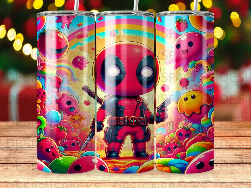 Deadpool character with candy and rainbow background.