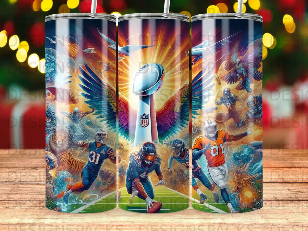NFL Super Bowl trophy with players, tigers, and eagles on a stadium field.