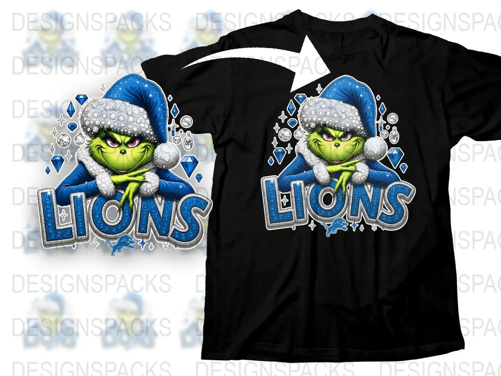 Grinch Lions Sports Team T-Shirt, Christmas Holiday Fan Gear, Blue and White Graphic Tee, Unique Gift for Football Fans