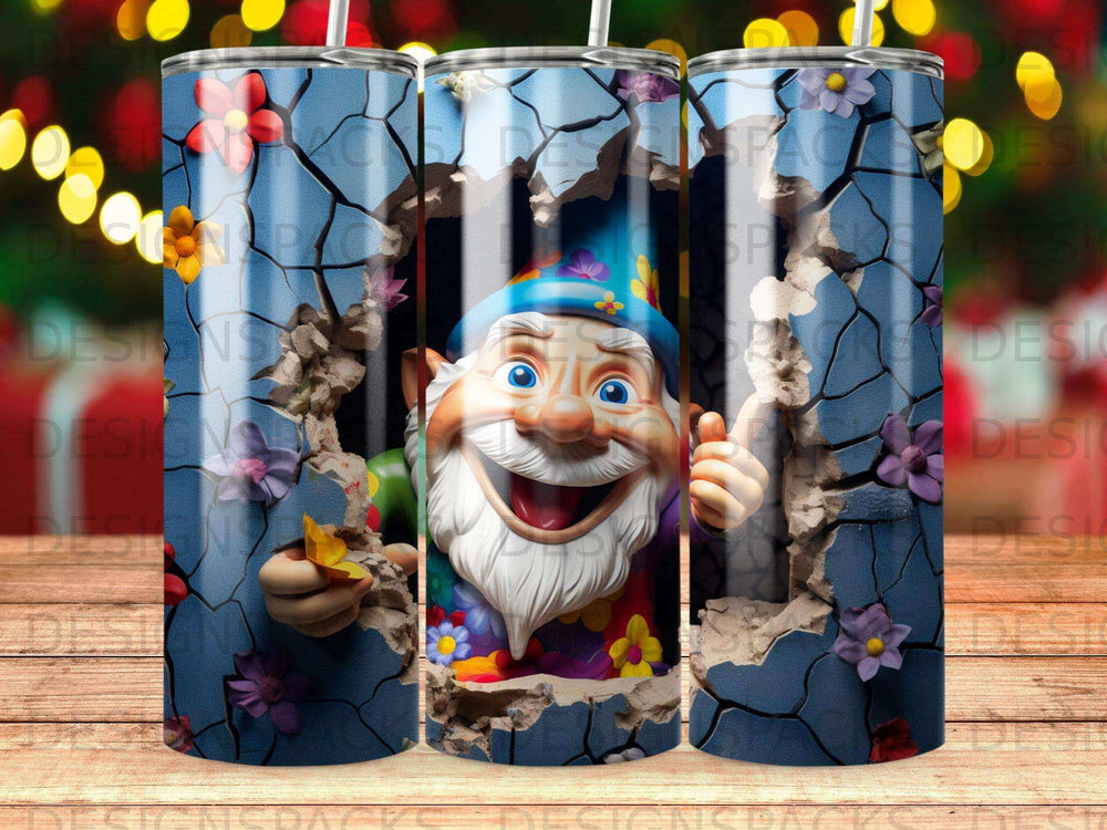 Smiling cartoon gnome with blue hat giving thumbs up through cracked wall.