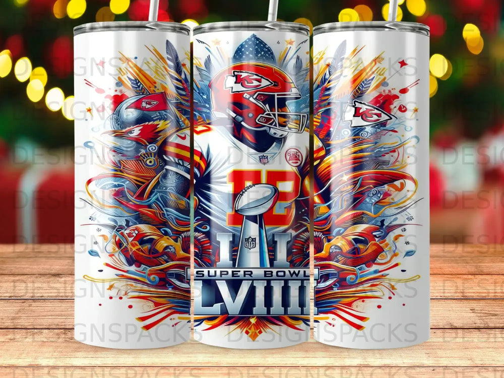 Kansas City Chiefs Super Bowl LVIII tumbler featuring helmet and team logo.