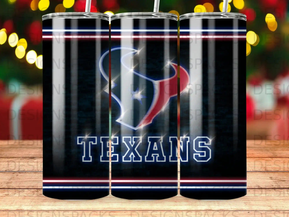 Houston Texans logo on a black tumbler with stadium lights.