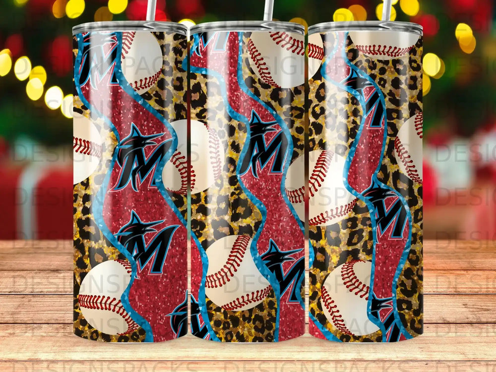 Leopard print and blue wavy pattern with baseballs and Miami Marlins logo.