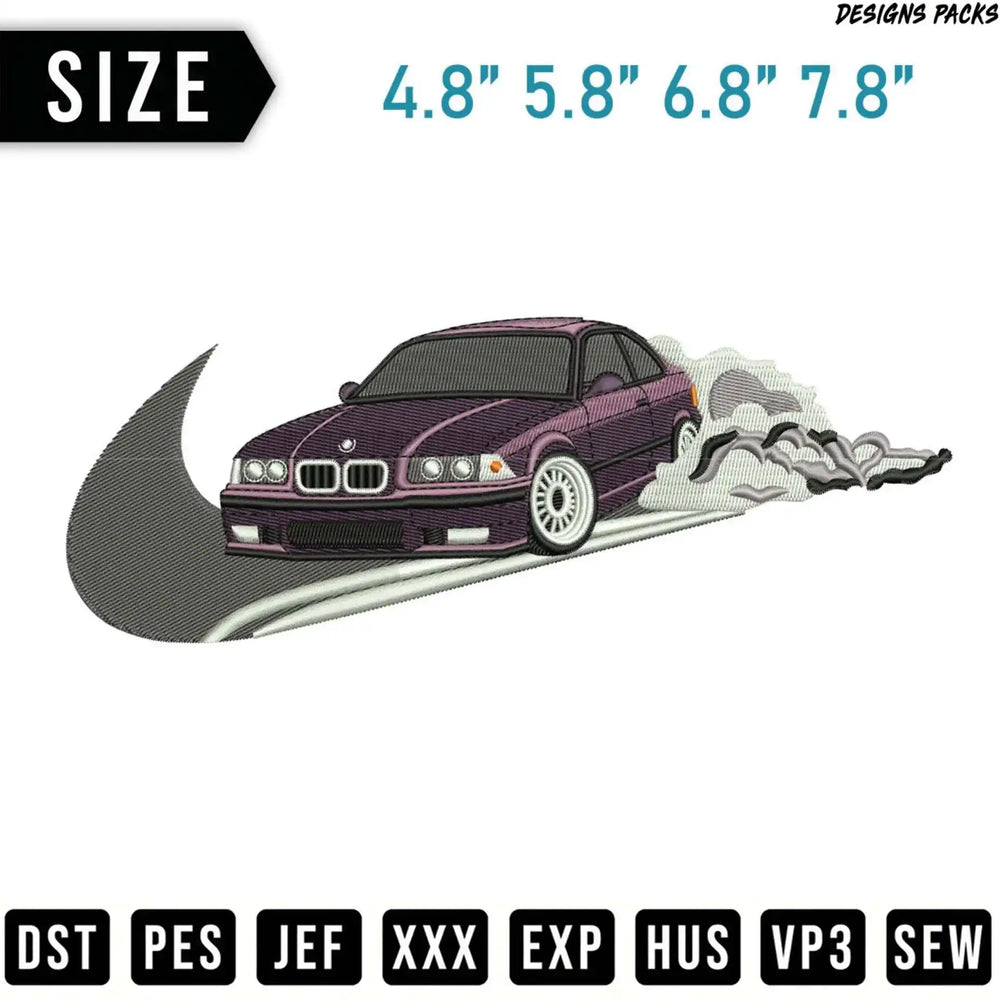 Purple BMW M3 doing a burnout, with size and file format text.