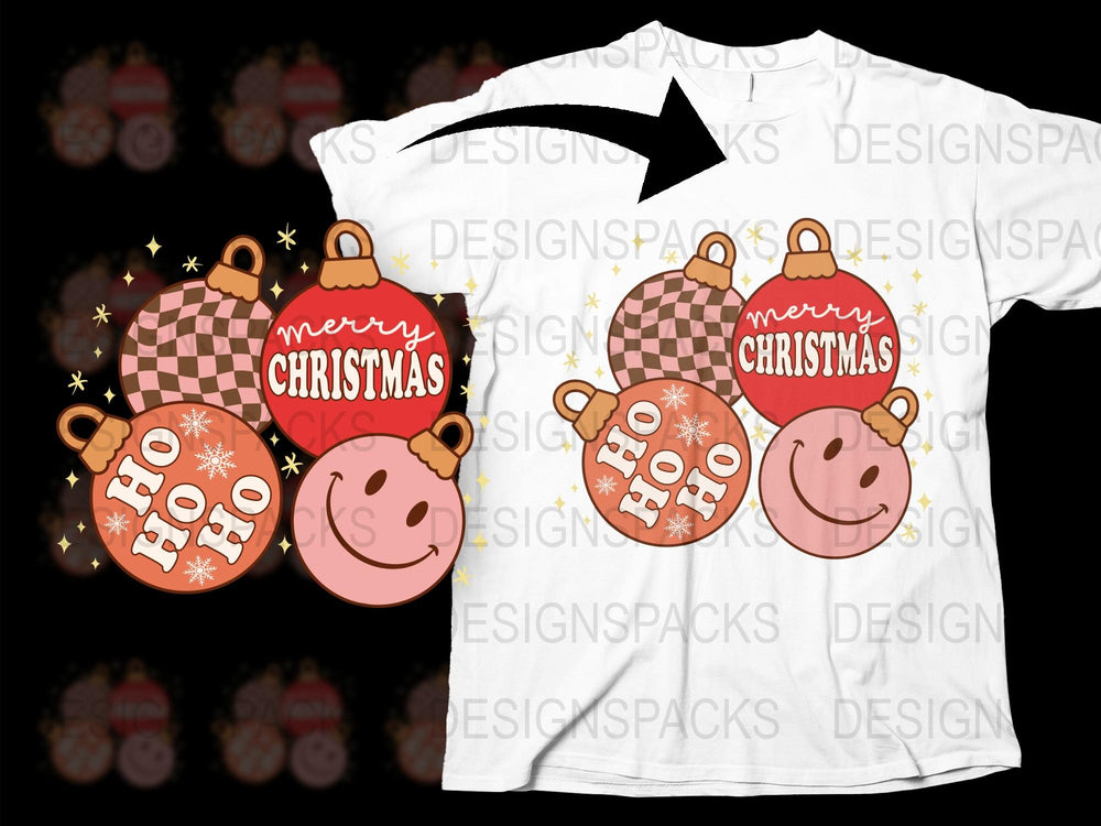Christmas T-Shirt with Cute Pig and Checkered Ornaments, Festive Holiday Tee, Ho Ho Ho Merry Christmas Design