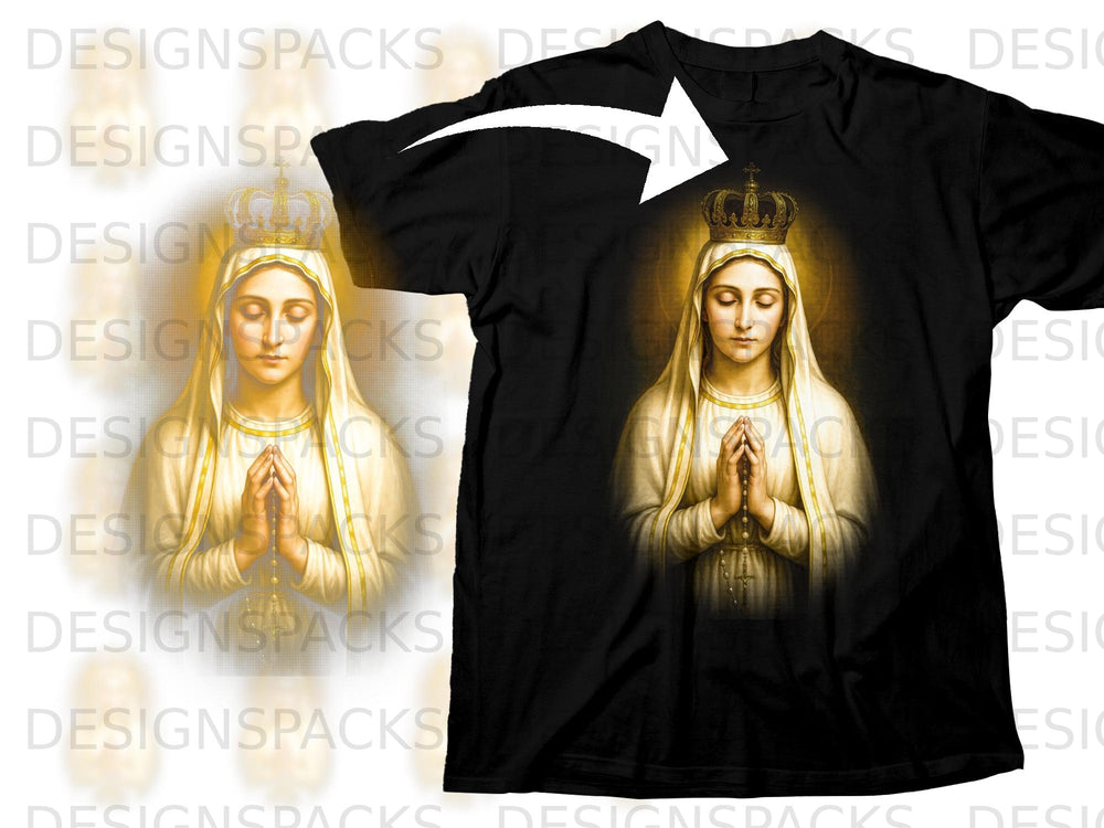 Black t-shirt with a crowned Virgin Mary with hands clasped in prayer.