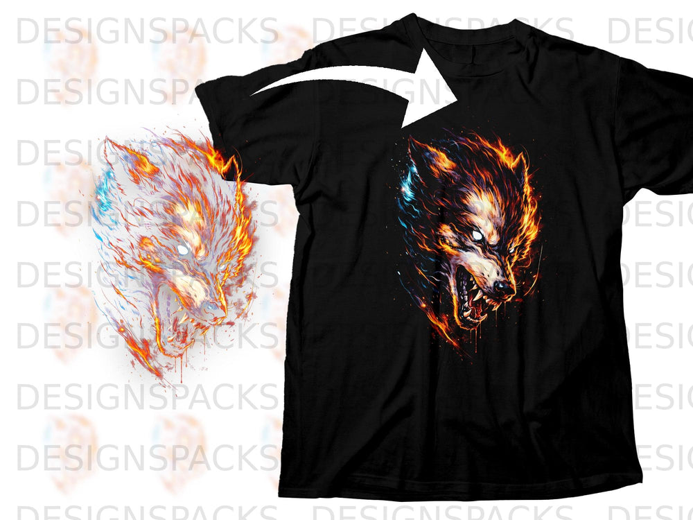 Black t-shirt with a vibrant, fiery wolf graphic on the front.