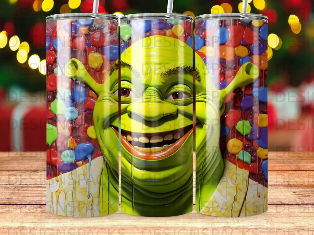 Shrek smiling with candy and liquid dripping down a tumbler.