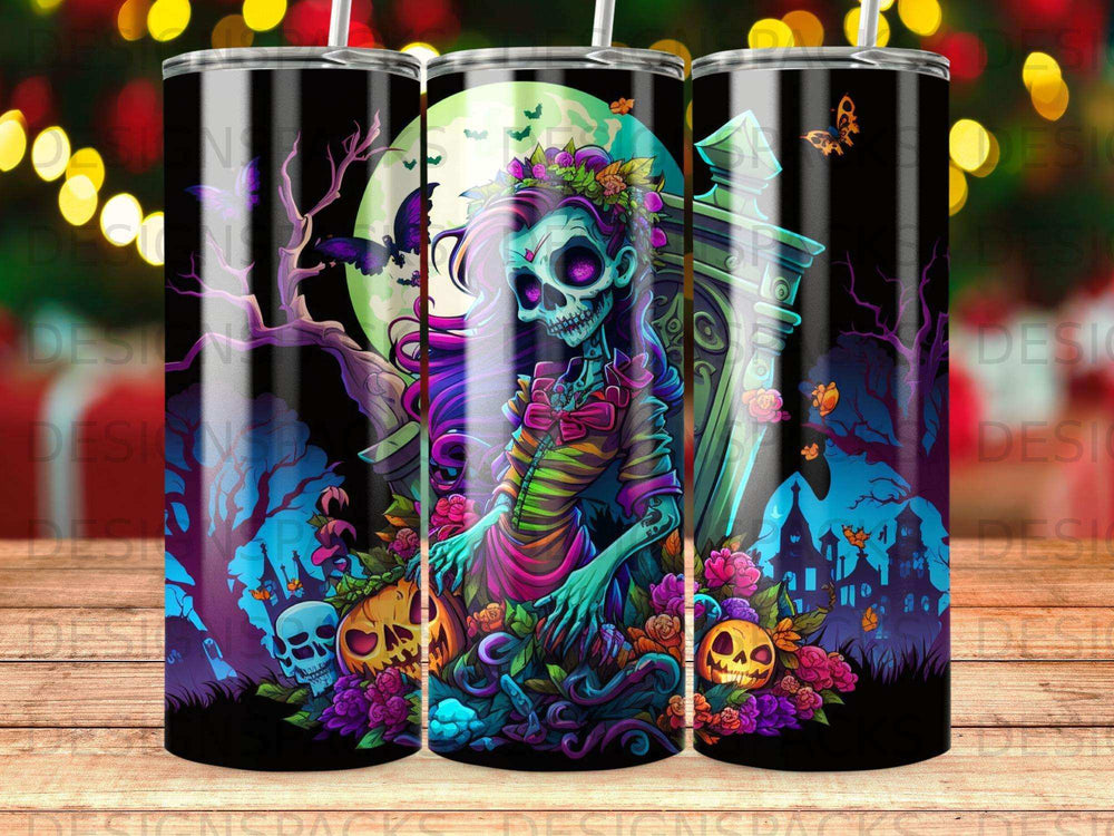 Spooky skeleton bride with skulls, pumpkins, and moonlit graveyard scene.