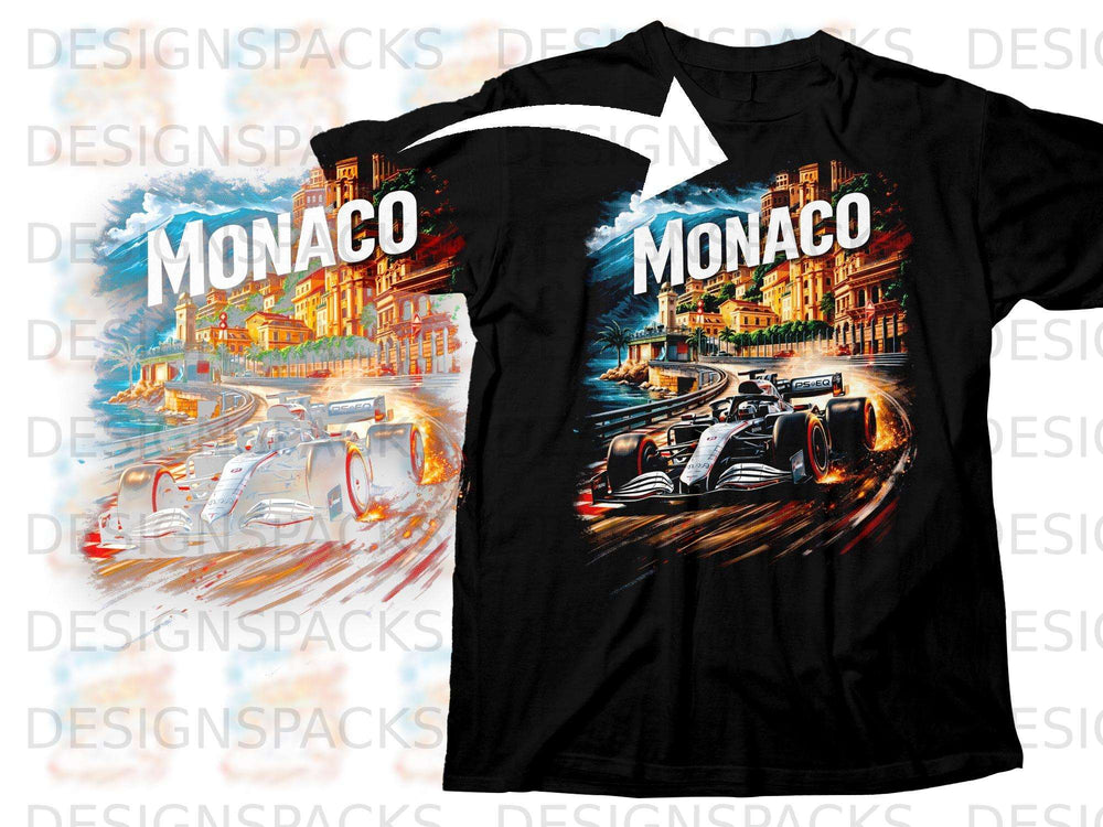 Black t-shirt with Monaco race car and cityscape graphic.