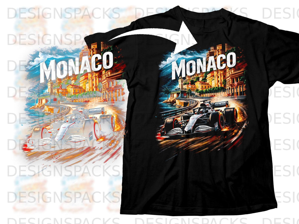 Black t-shirt with Monaco race car and cityscape graphic.