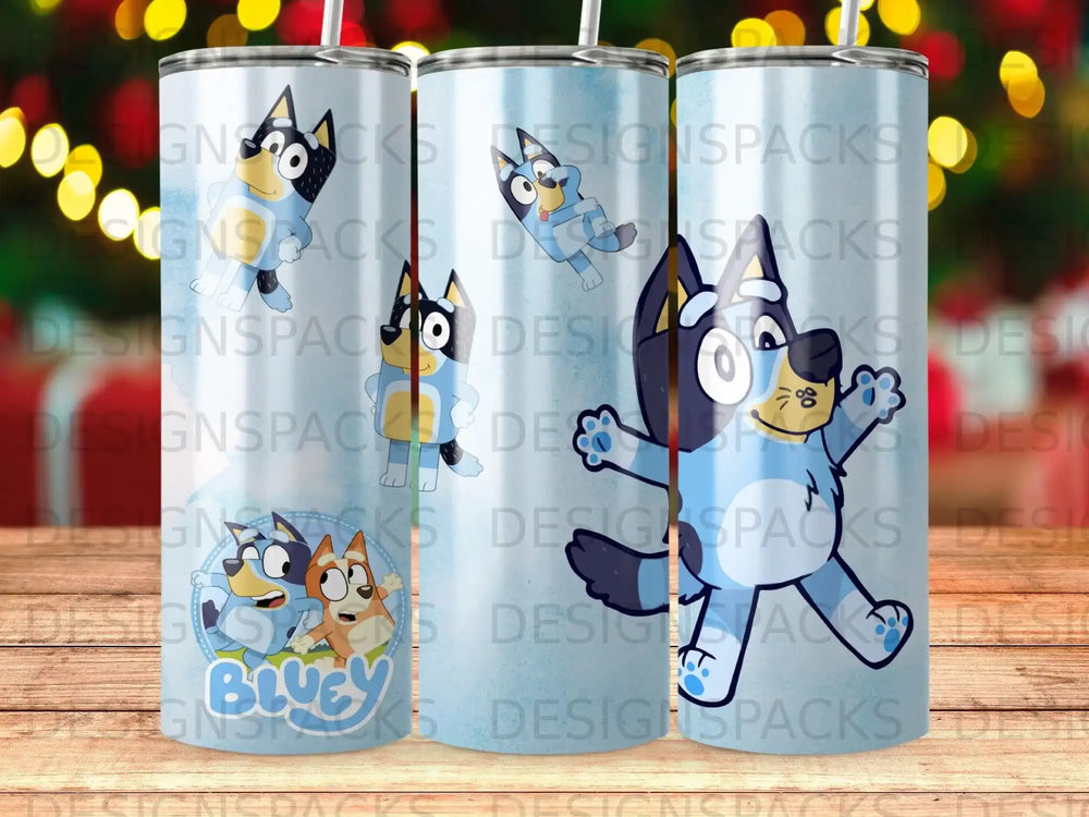Bluey character on a blue background with repeating "DESIGNS PACKS" watermark.