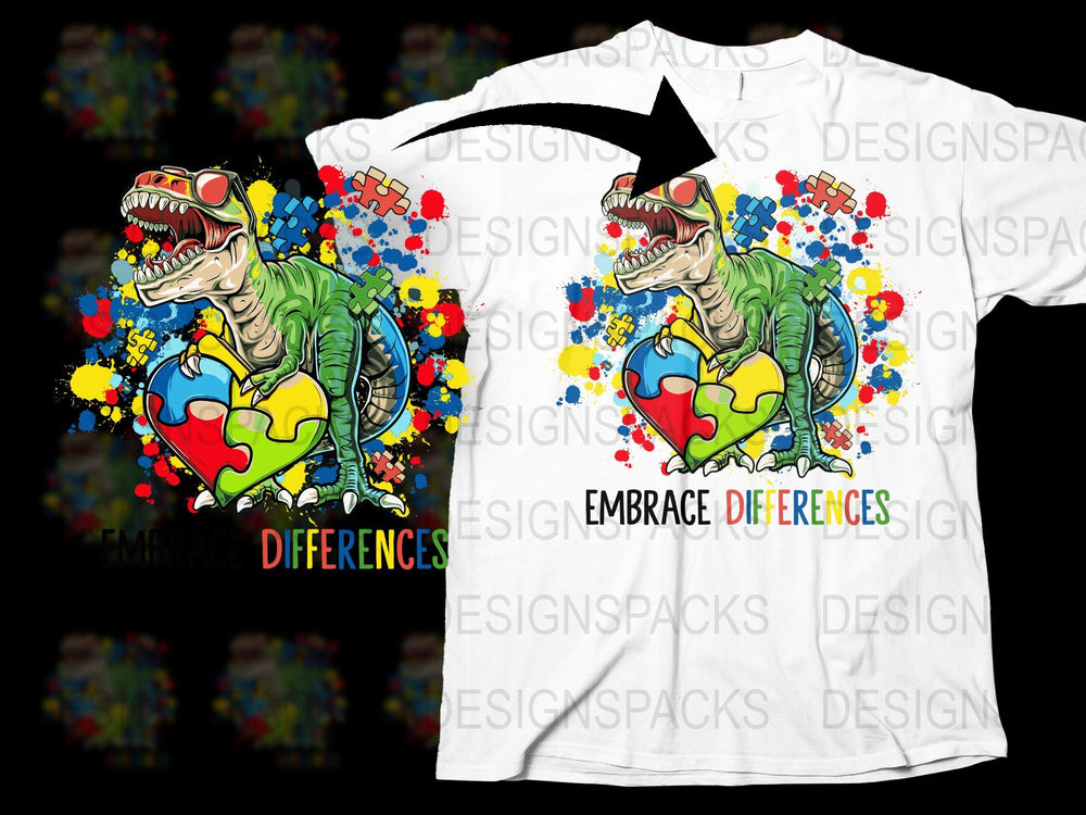 Colorful Dinosaur T-Shirt Embrace Differences Graphic Tee, Unisex Kids and Adult Sizes