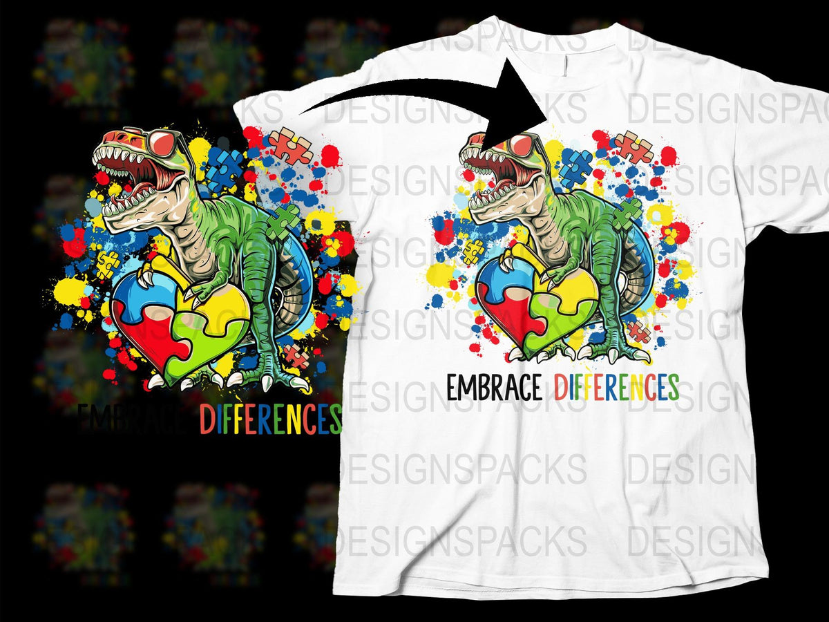 Colorful Dinosaur T-Shirt Embrace Differences Graphic Tee, Unisex Kids and Adult Sizes