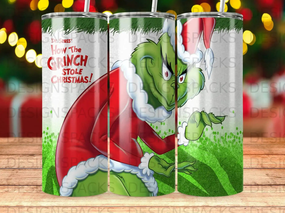 Grinch from Dr. Seuss's "How the Grinch Stole Christmas!" holding gifts.