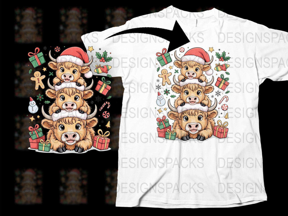 Cute Christmas Cow T-Shirt, Festive Holiday Tee with Cartoon Cows, Gifts, and Santa Hats, Unisex Kids and Adults Clothing