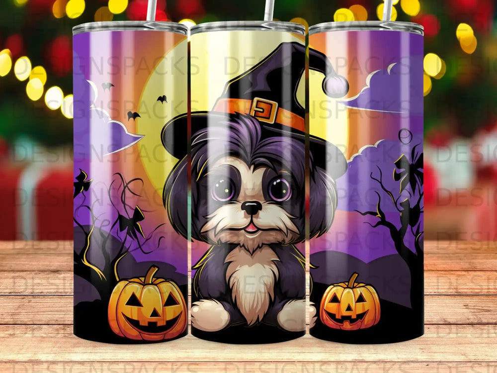 Black and white dog in witch hat with pumpkins on Halloween tumbler.