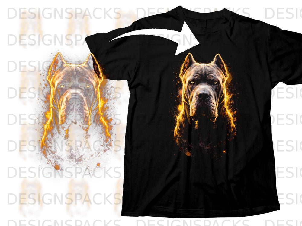 Black t-shirt with a fiery, close-up graphic of a Cane Corso dog's face.