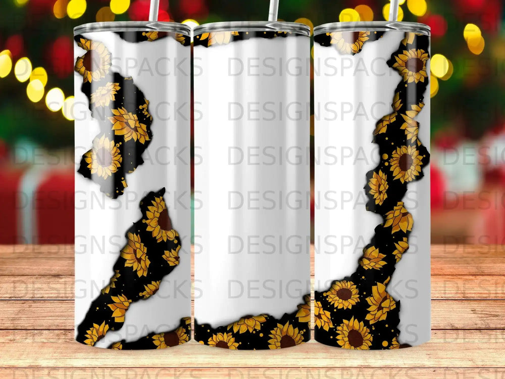 Tumbler with sunflowers and a distressed pattern.