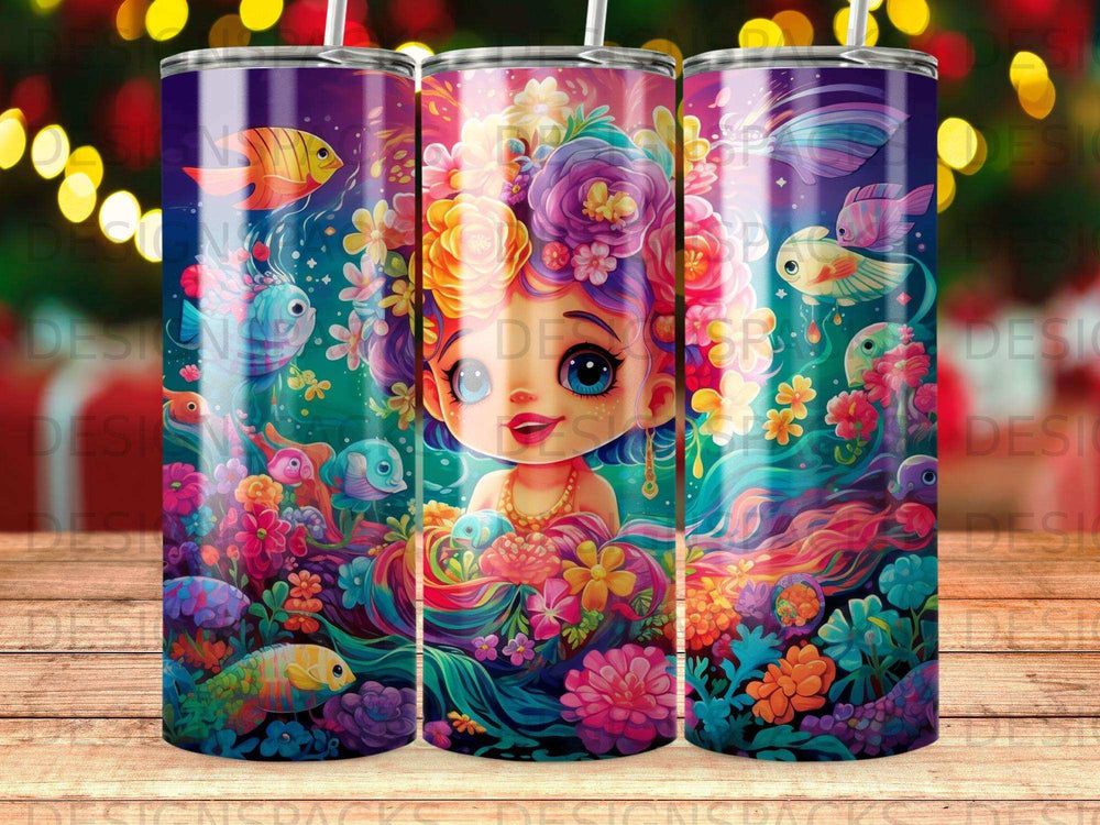 Whimsical mermaid with colorful floral and fish surrounding her.