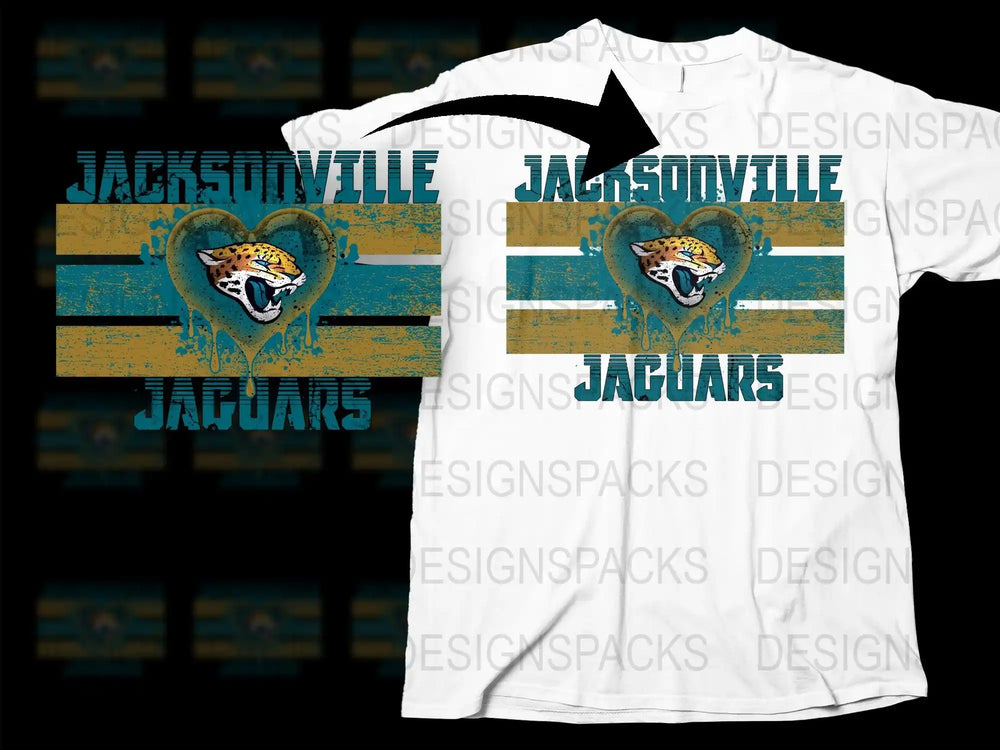 Jacksonville Jaguars T-Shirt, Vintage Heart Logo Design, Blue and Yellow Stripes, Football Fan Apparel
