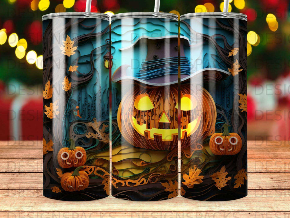 Jack-o'-lantern with hat and autumn leaves design on a tumbler.