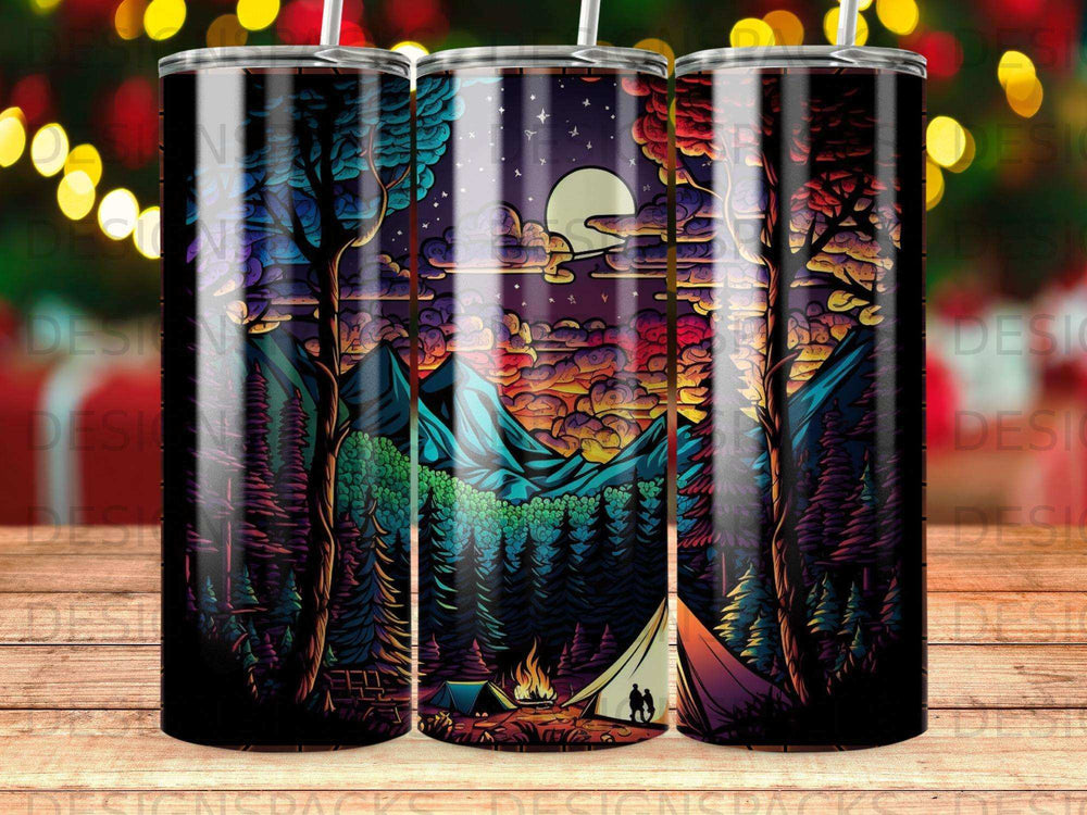Night scene with campfire, tent, forest, mountains, and moon.