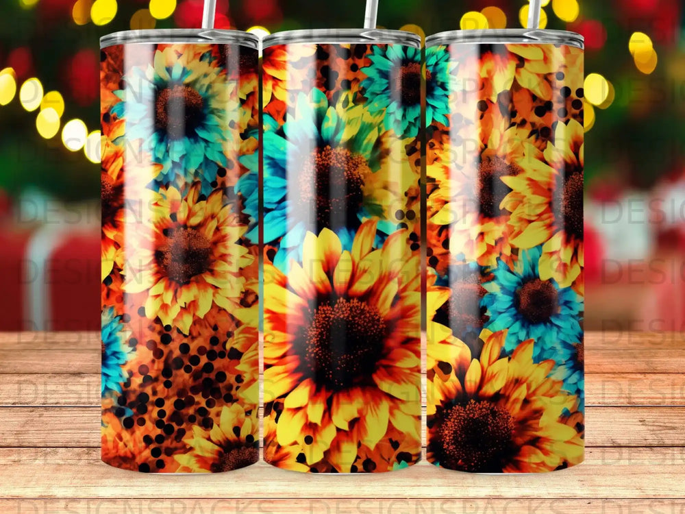 Tumbler with sunflowers, leopard print, and bokeh lights pattern.