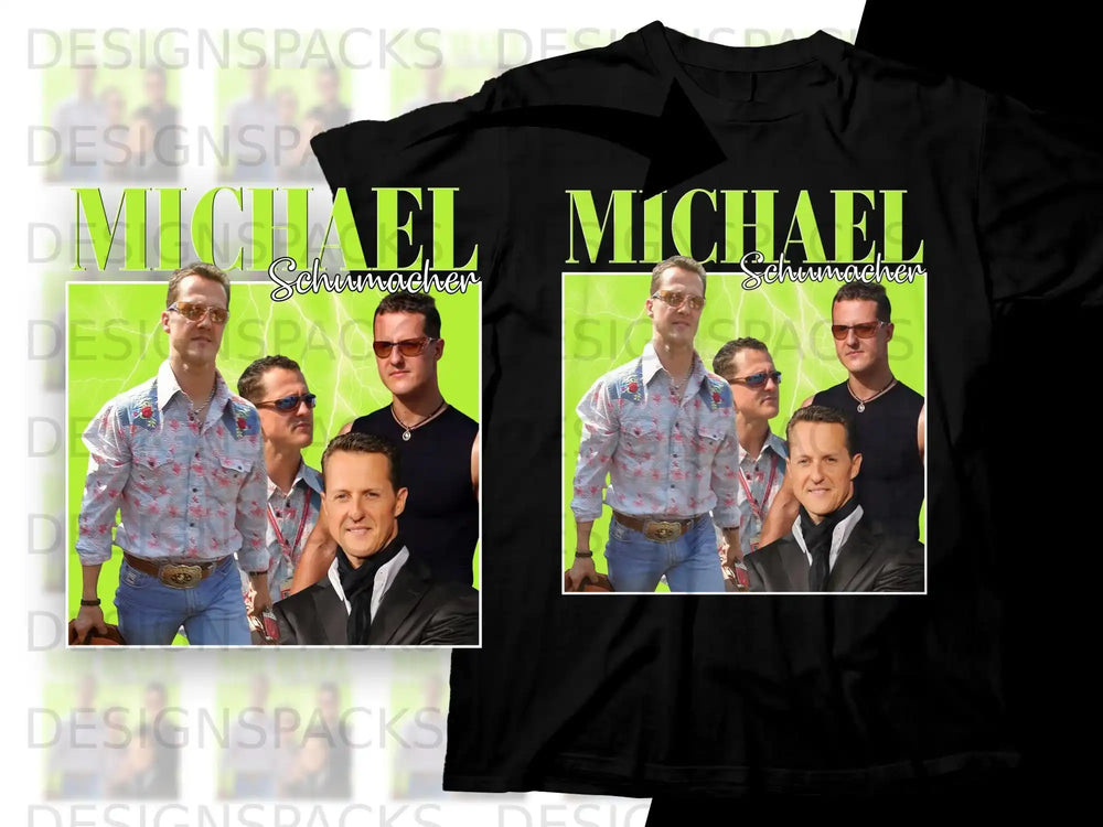 Black t-shirt featuring Michael Schumacher in a collage with "Michael Schumacher" text.