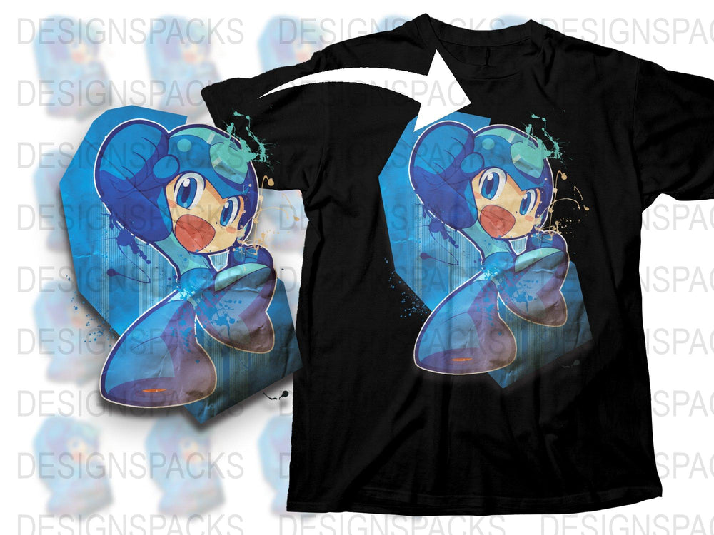 Colorful Cartoon Robot Character T-Shirt, Vibrant Blue Graphic Tee, Unisex Splash Design Shirt for Casual Wear