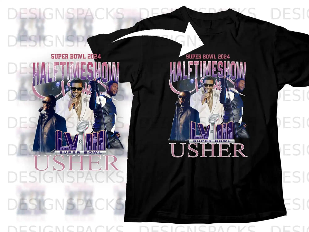 Usher performing at Super Bowl 2024 Halftime Show on black t-shirt.