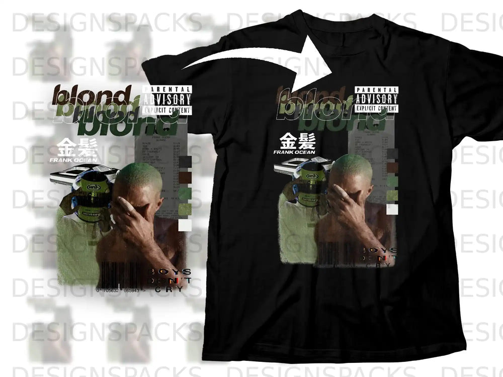 Black Frank Ocean Blonde album cover t-shirt with explicit content advisory.