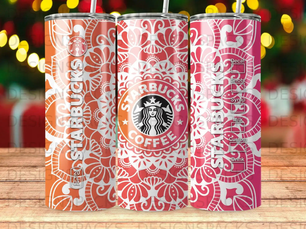 Starbucks logo on a tumbler with floral pattern, drink options on the side.