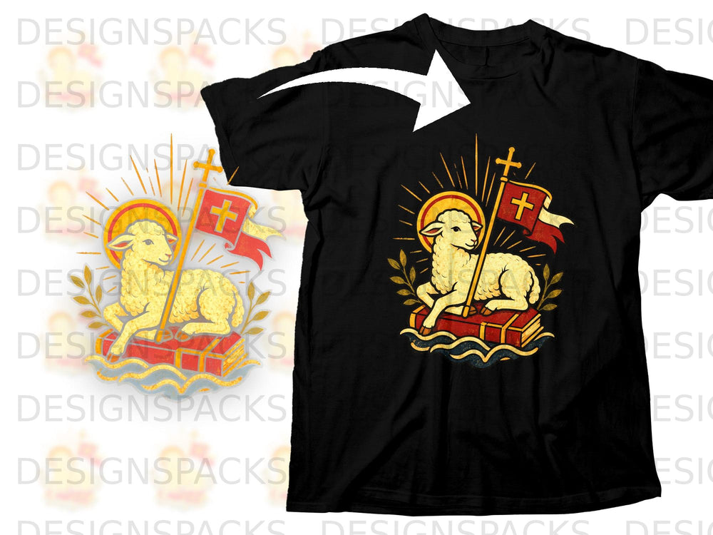 Black t-shirt with a graphic of a lamb on a book with flags and sun rays.