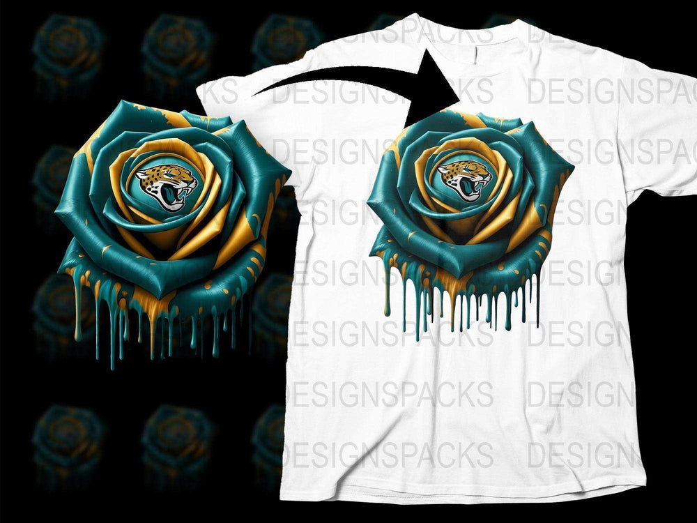 Blue and Gold Dripping Rose T-Shirt, Floral Graphic Tee, Tiger Emblem, Unisex Fashion Clothing