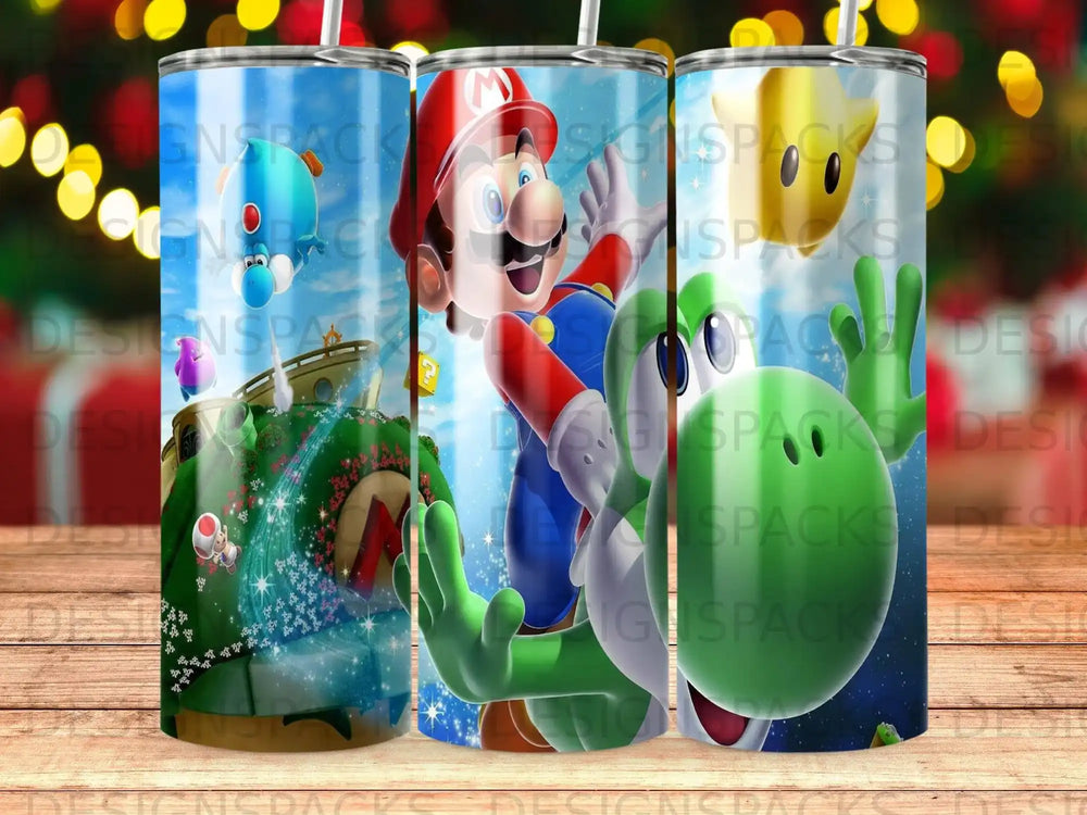 Mario and Yoshi characters on a tumbler with a watermarked background.