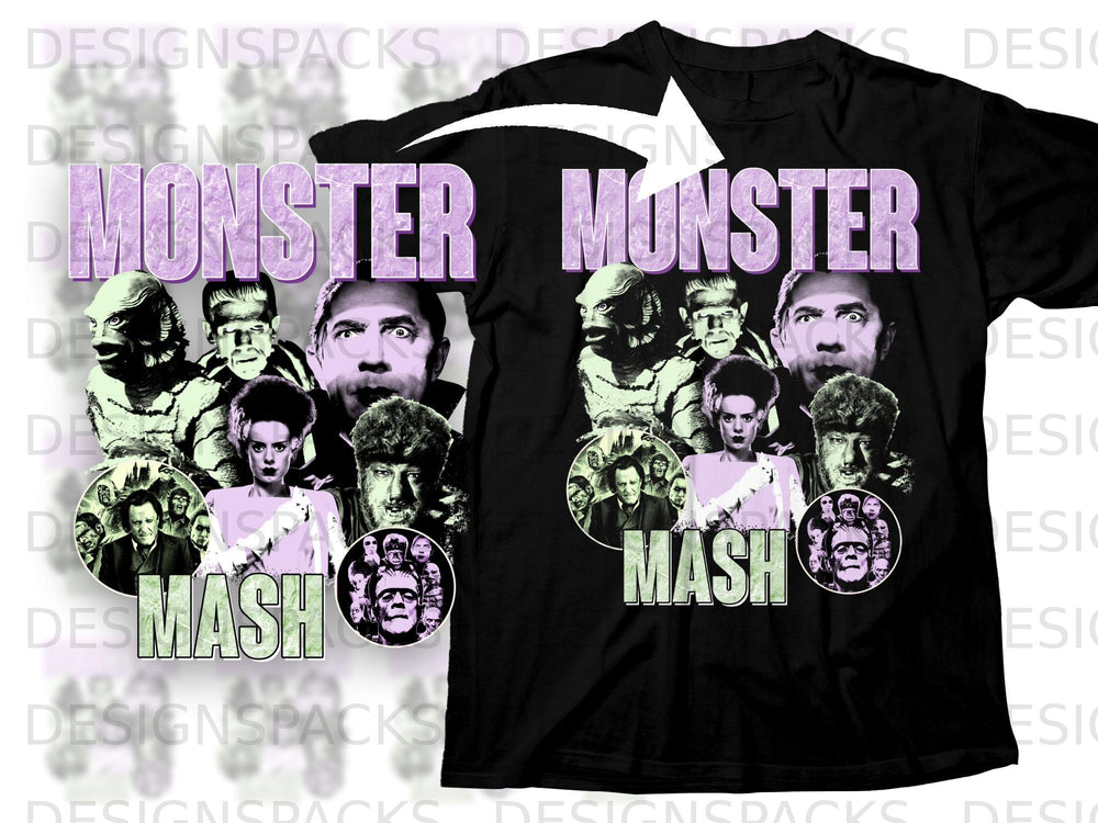 Black t-shirt with "MONSTER MASH" text and collage of classic movie monsters.