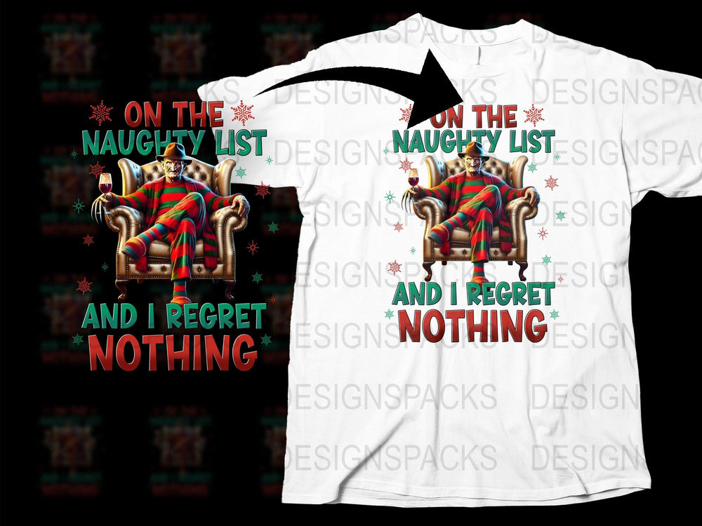 Naughty List Christmas T-Shirt, Funny Holiday Tee, Santa Throne Graphic, Regret Nothing Shirt