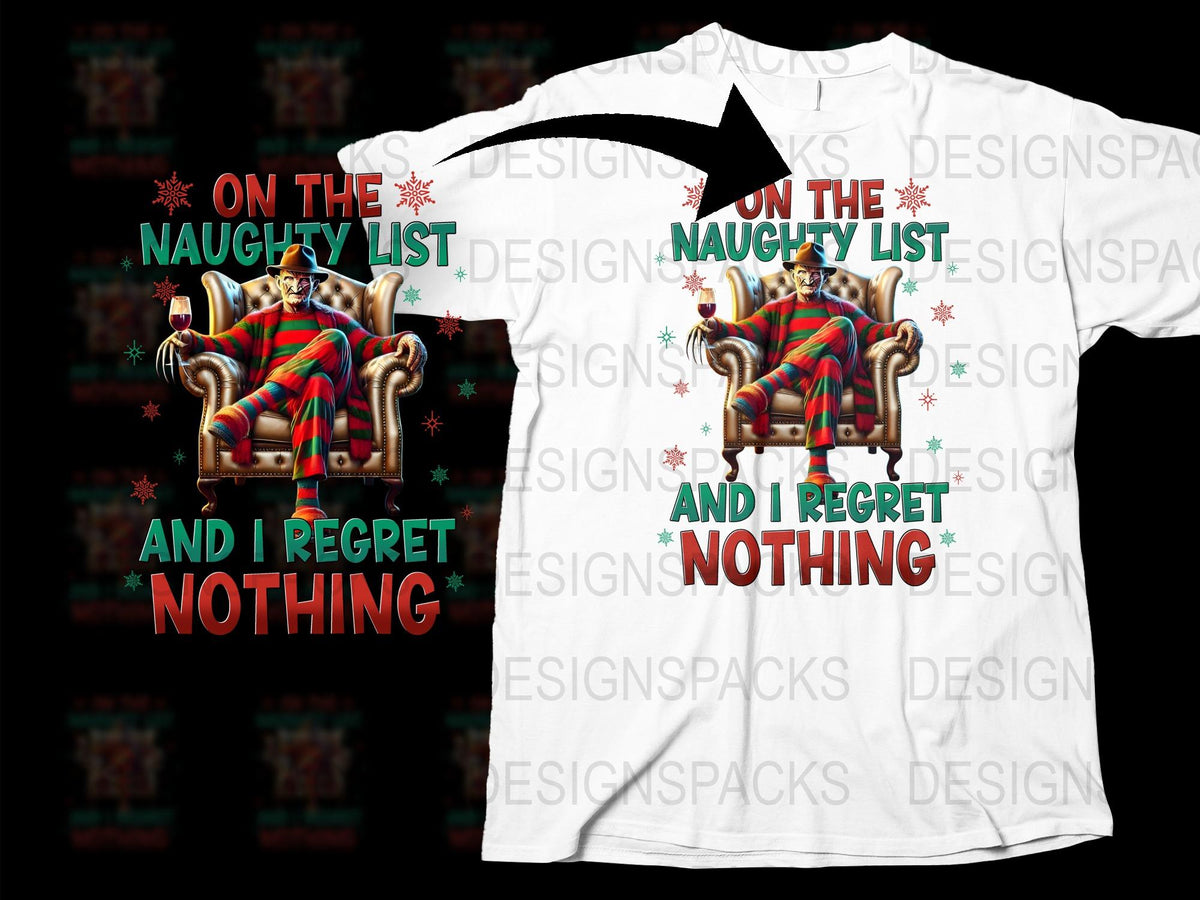 Naughty List Christmas T-Shirt, Funny Holiday Tee, Santa Throne Graphic, Regret Nothing Shirt