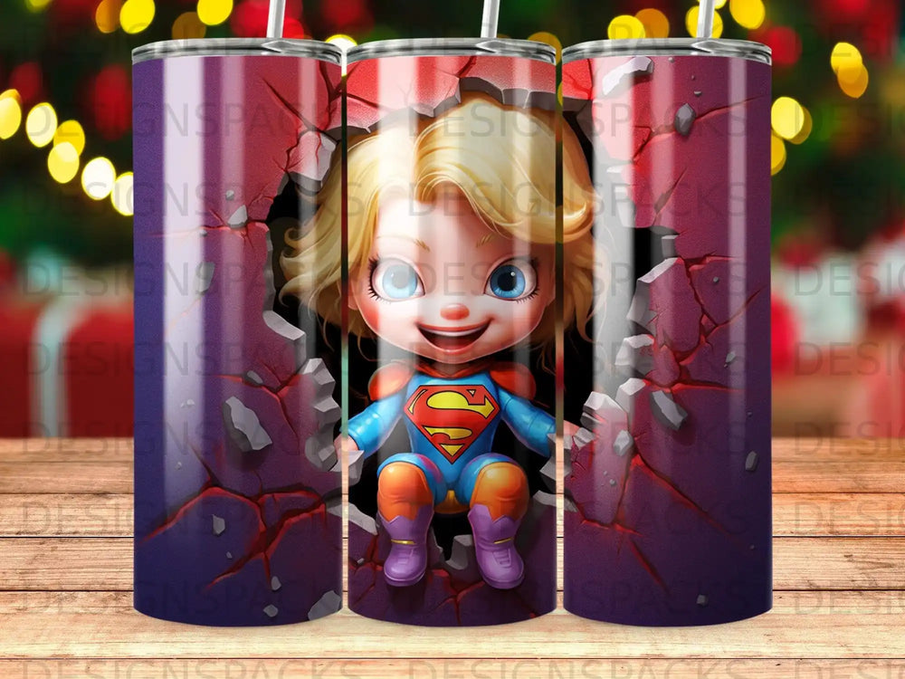 Superhero child in costume breaking through a cracked wall.